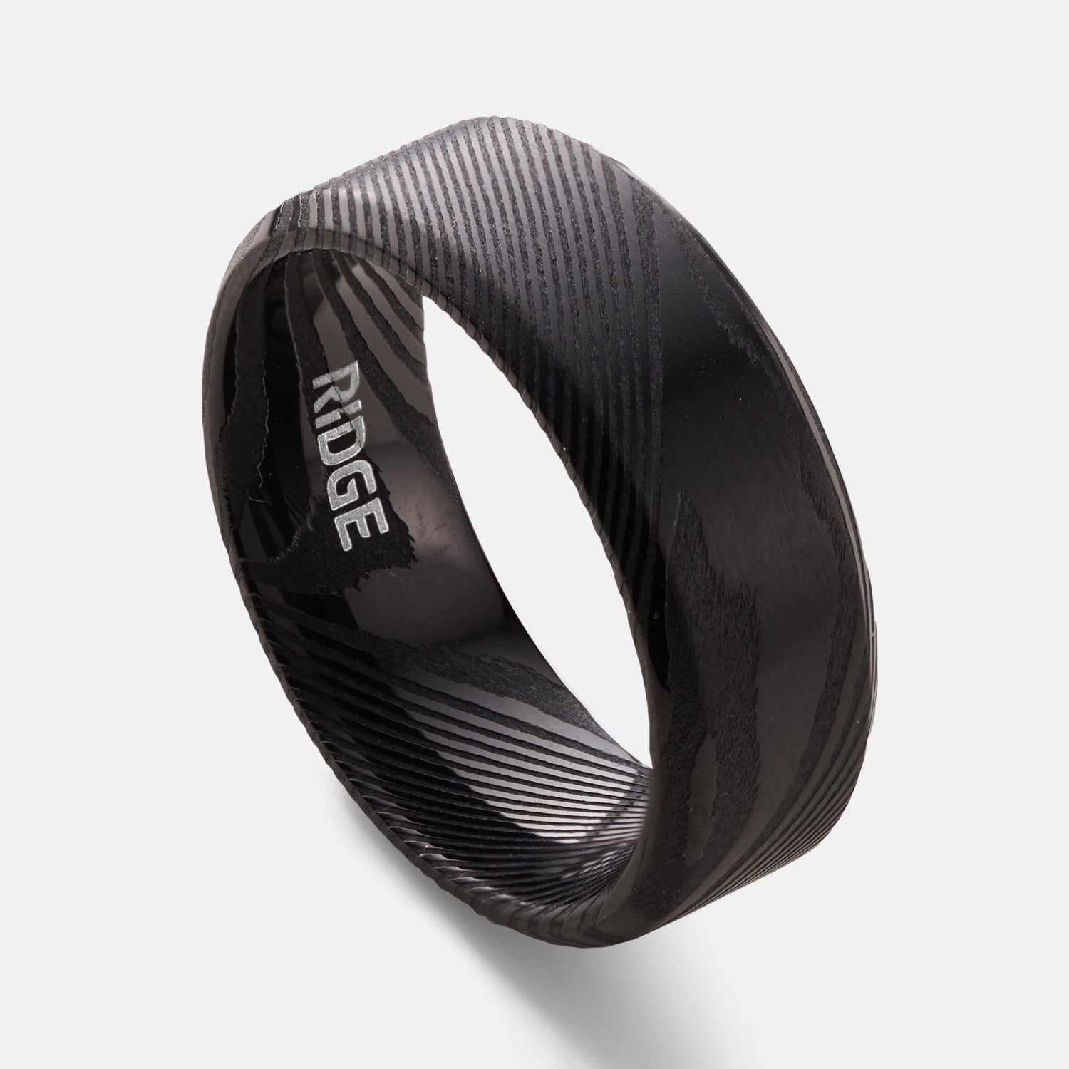 Ridge 8mm Beveled Ring Set - Black Damascus